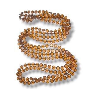 Vintage 1960s Amber Flat Plastic Bead Necklace‎ 52 Inch Long Double Strand Mod
